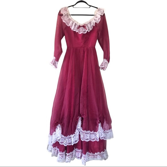 Vintage 70s Victorian Red White Lace Maxi Dress - Picture 1 of 11